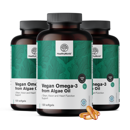 3x Oméga-3 végétalien 1100 mg – à base d'algues, ensemble 360 gélules molles